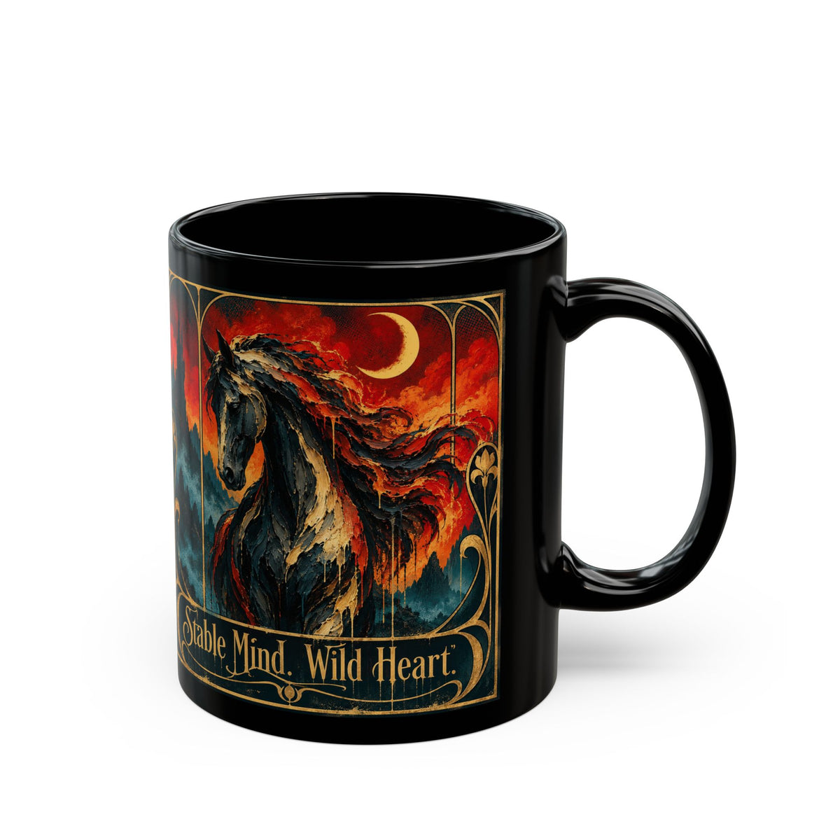 Wild Heart Stable Mind Black Mug – Fiery Horse Art Coffee Cup (11oz/15oz)