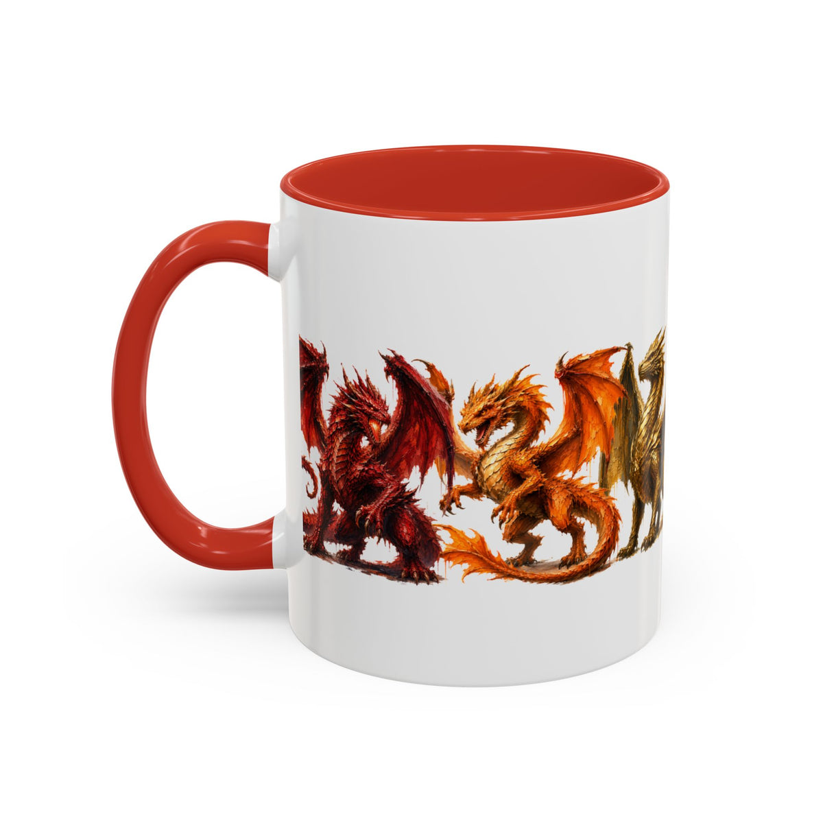 Rainbow Dragon Lineup Accent Coffee Mug — Colorful Fantasy Creature Tea & Coffee Cup
