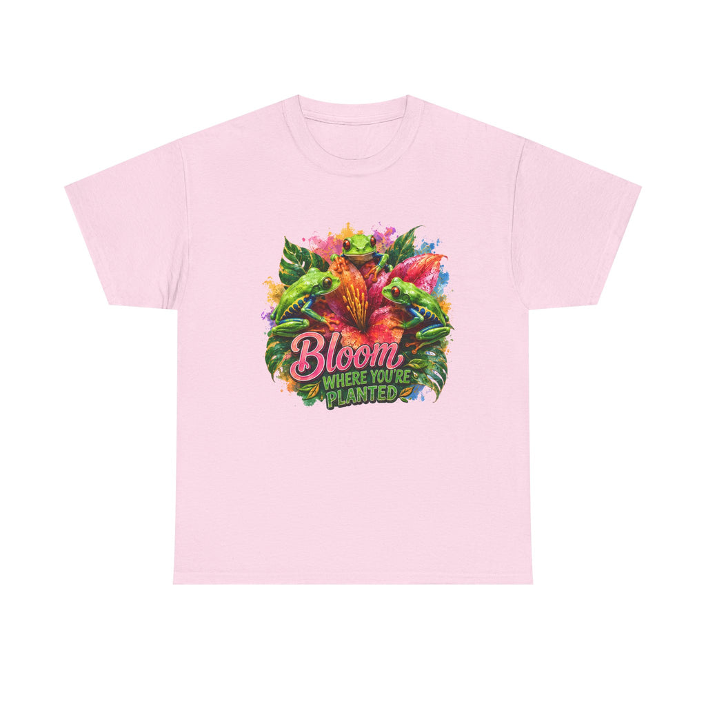 Bloom Where You're Planted Floral T-Shirt — Colorful Garden Graphic Tee. Tree Frogs t-shirt