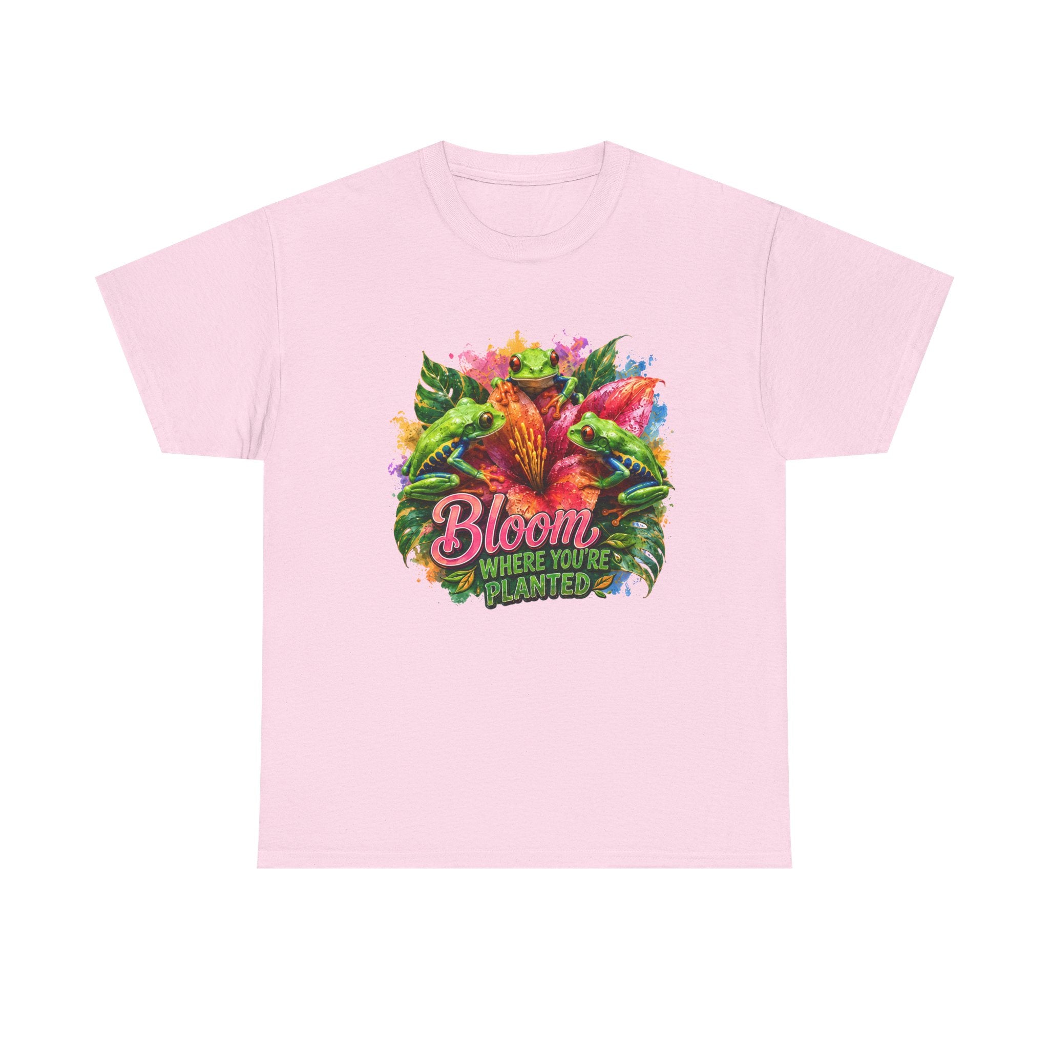 Bloom Where You're Planted Floral T-Shirt — Colorful Garden Graphic Tee. Tree Frogs t-shirt