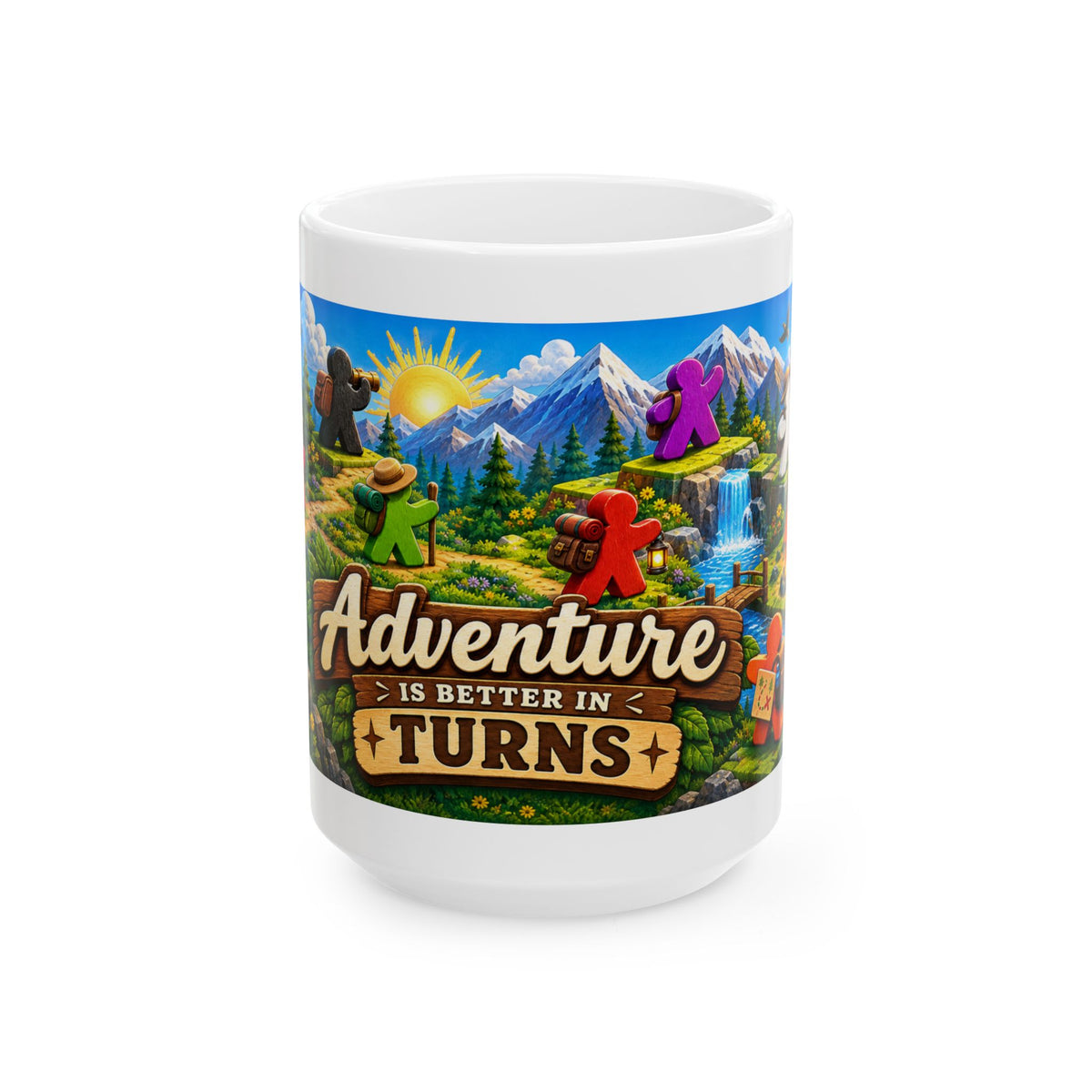 Adventure Is Better in Turns Ceramic Mug — Board Game Meeple Travel Design (11oz/15oz)