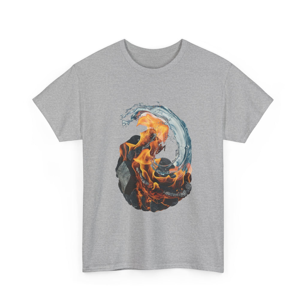 Fire and Water Yin-Yang Graphic Tee — Elemental Flames & Waves T‑Shirt