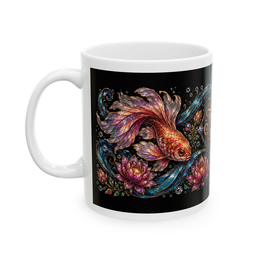 My Therapist Has Fins Ceramic Mug — Colorful Koi Fish Coffee Cup (11oz & 15oz)
