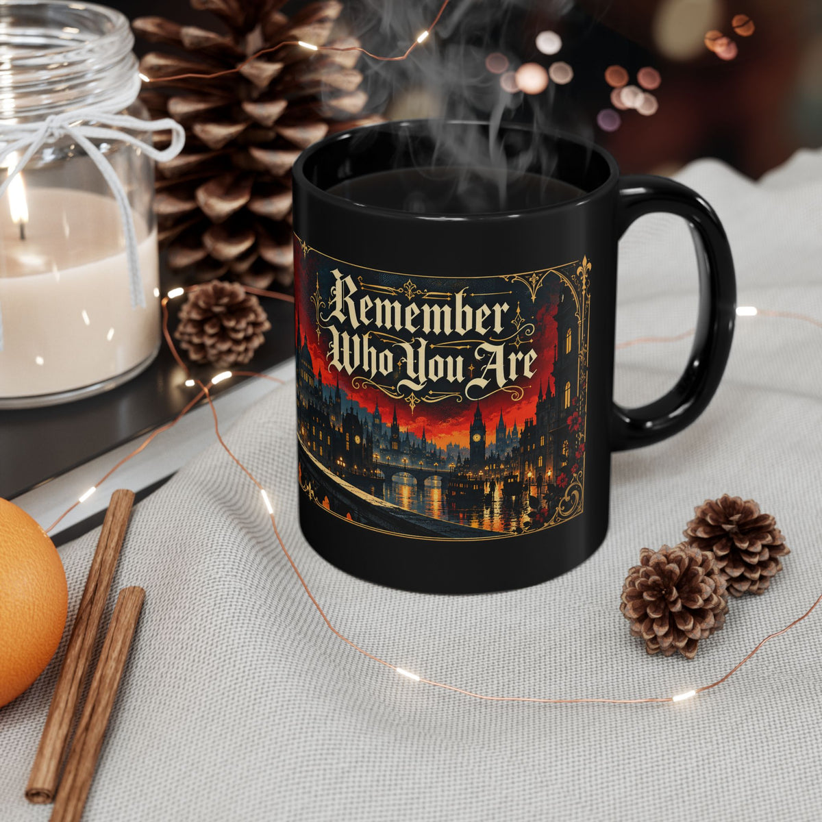 Remember Who You Are Gothic City Black Mug — Afrocentric Empowerment Mugs | Black Art & Gothic Fantasy Gifts. Inspirational Fantasy Coffee Cup (11oz, 15oz)