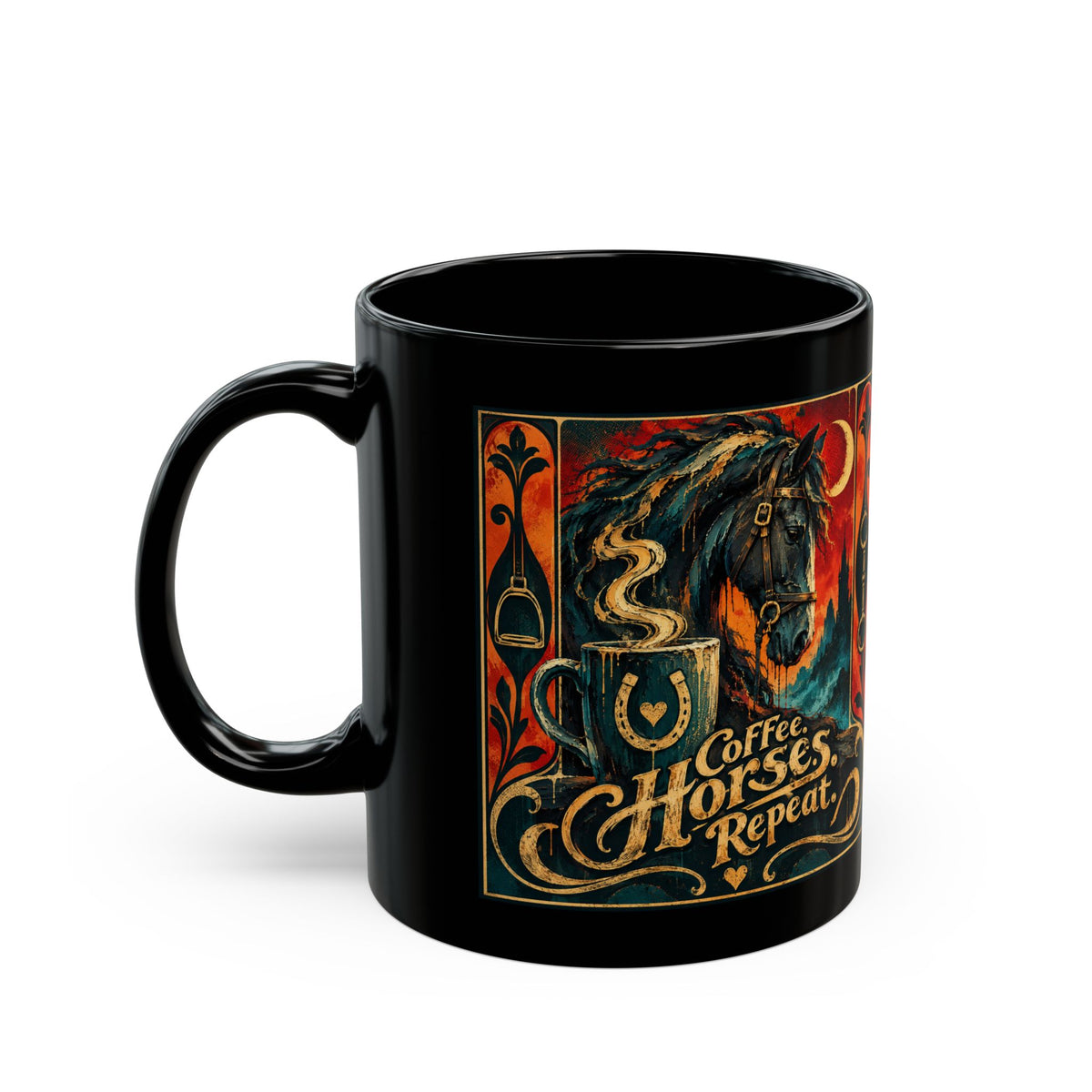 Coffee Horses Repeat Mug — Vintage Gothic Horse & Coffee Art (Black 11oz/15oz)