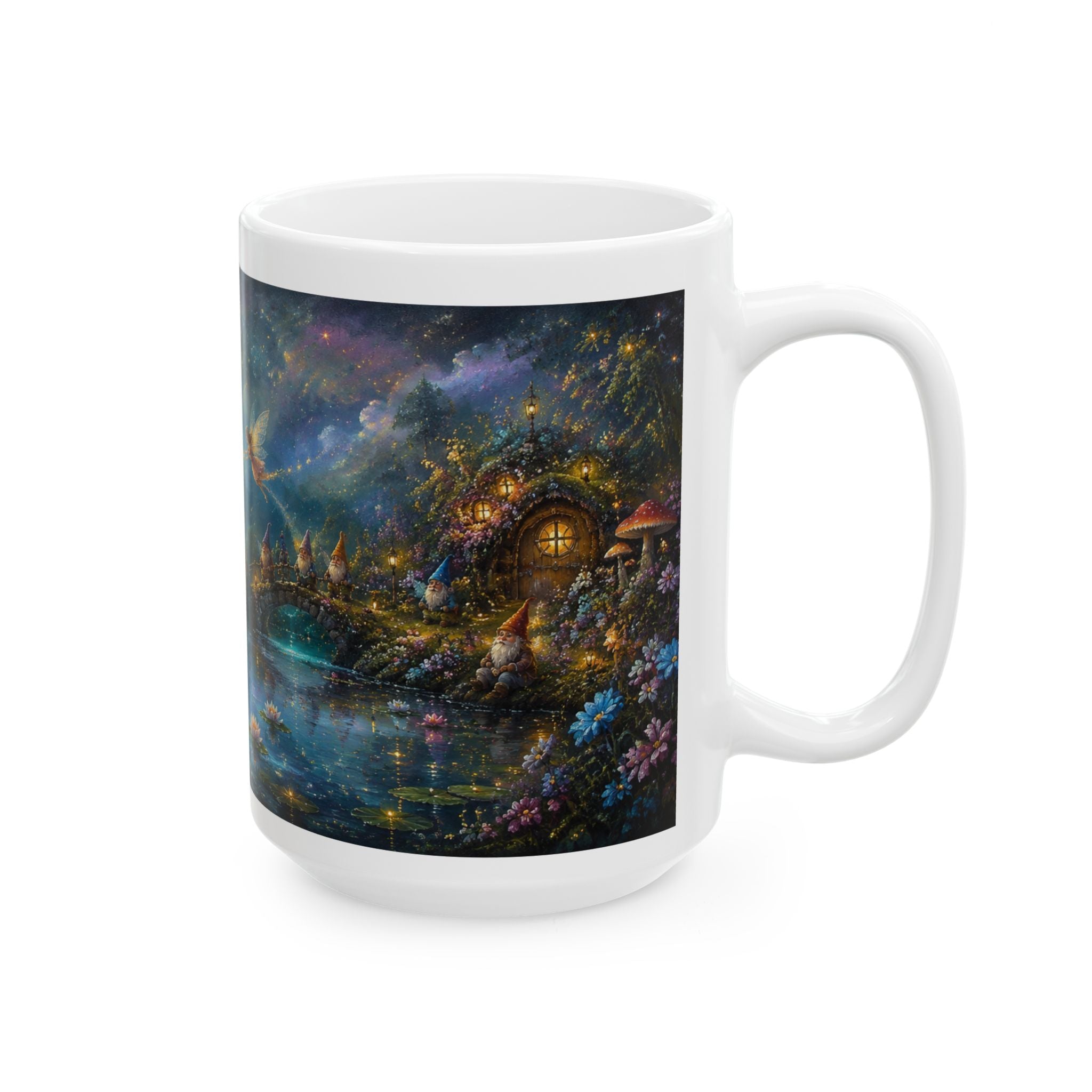 Fantasy Nightscape Ceramic Mug — Moonlit Lake, Hummingbird & Enchanted Garden (11oz/15oz)