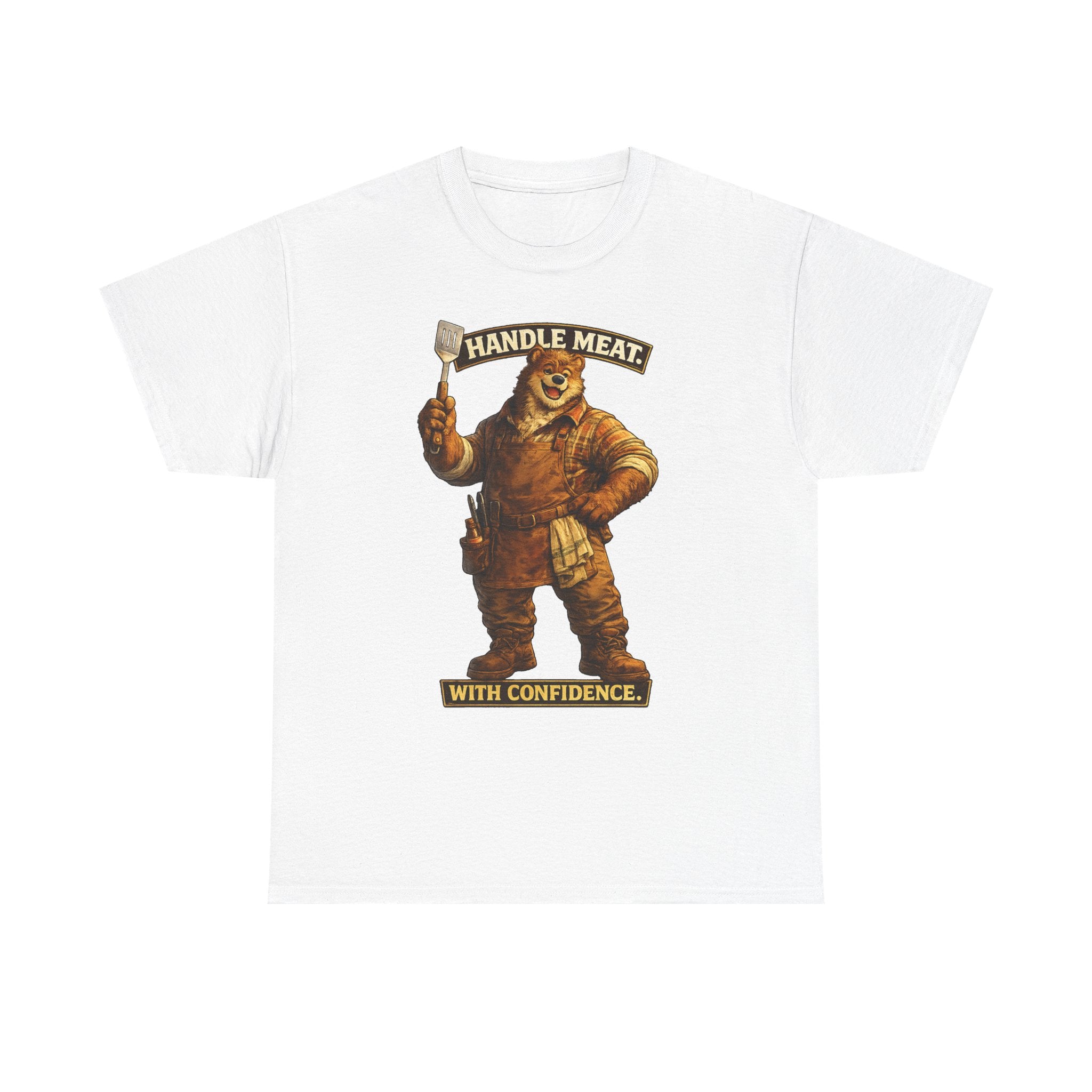 Bear Butcher Tee — "Handle Meat With Confidence" Graphic T-Shirt. Cheeky bear shirt. For the grill master in your life.