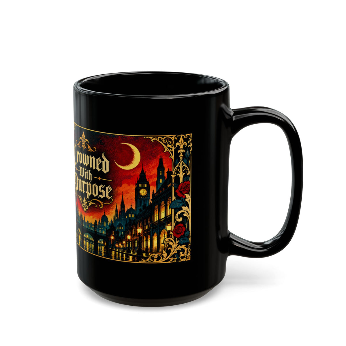 Crowned With Purpose Black Ceramic Mug — Rooted in Greatness Afrocentric Empowerment Mug Gothic Cityscape Coffee Cup (11oz/15oz)