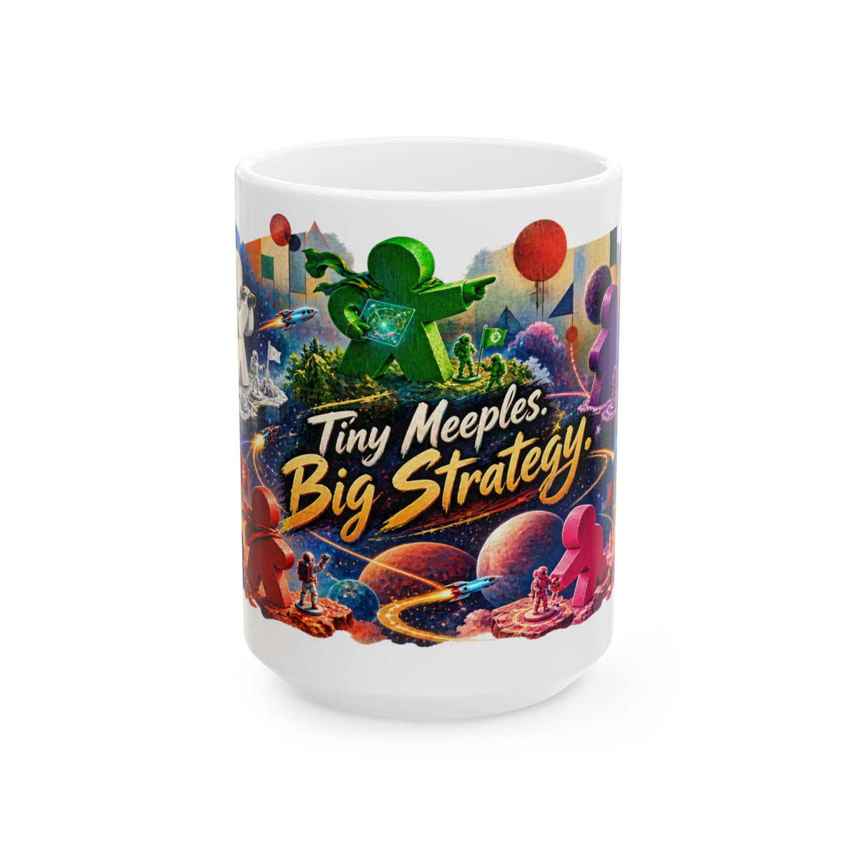 Board Game Mug — “Tiny Meeples, Big Strategy” Ceramic Coffee Mug (11oz & 15oz)