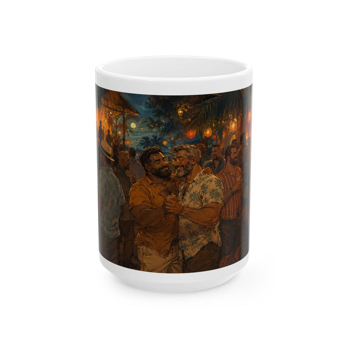 Ceramic Mug — Tropical Night Market Bear Couples Art. Bear Dance night for Bear mug lovers.