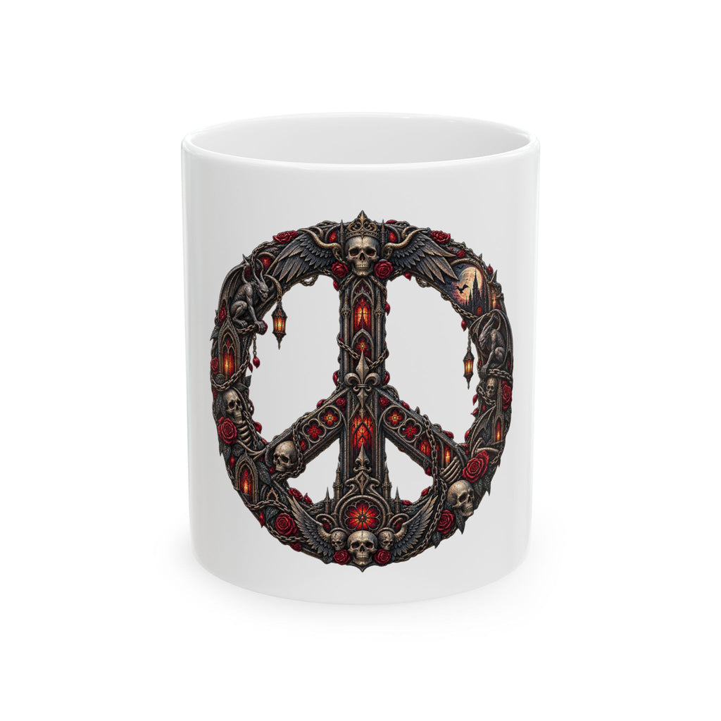 Skull Peace Sign Ceramic Mug — Gothic Dark Art Coffee Cup (11oz, 15oz)