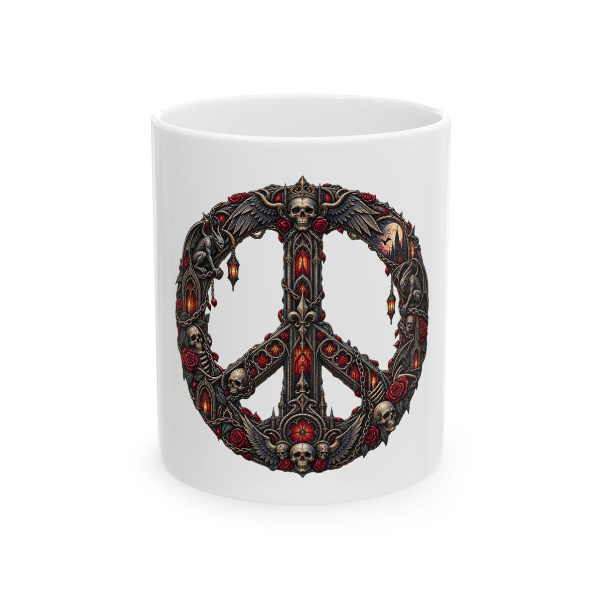 Skull Peace Sign Ceramic Mug — Gothic Dark Art Coffee Cup (11oz, 15oz)