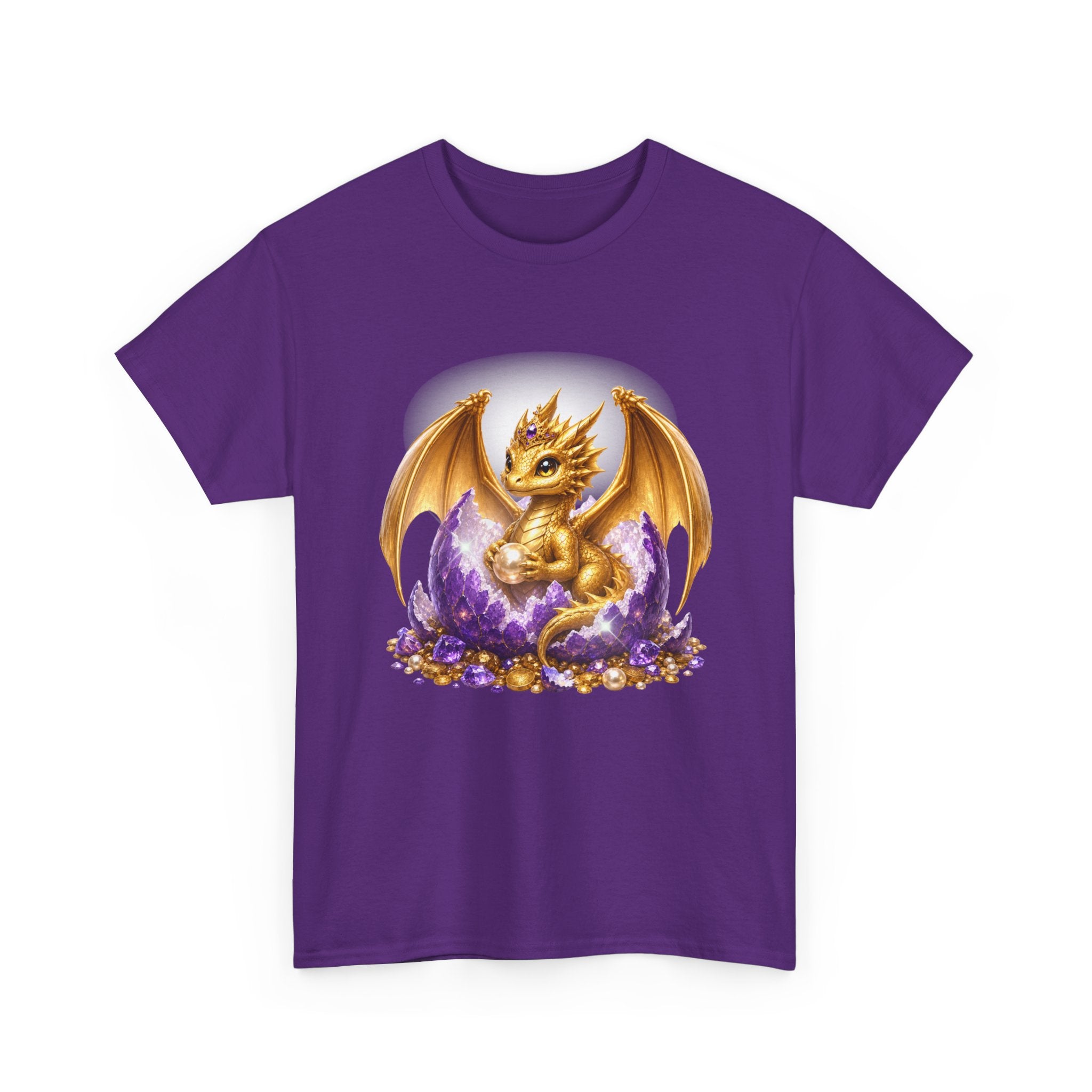 Golden Baby Dragon Tee — Cute Fantasy Dragon Shirt with Purple Egg