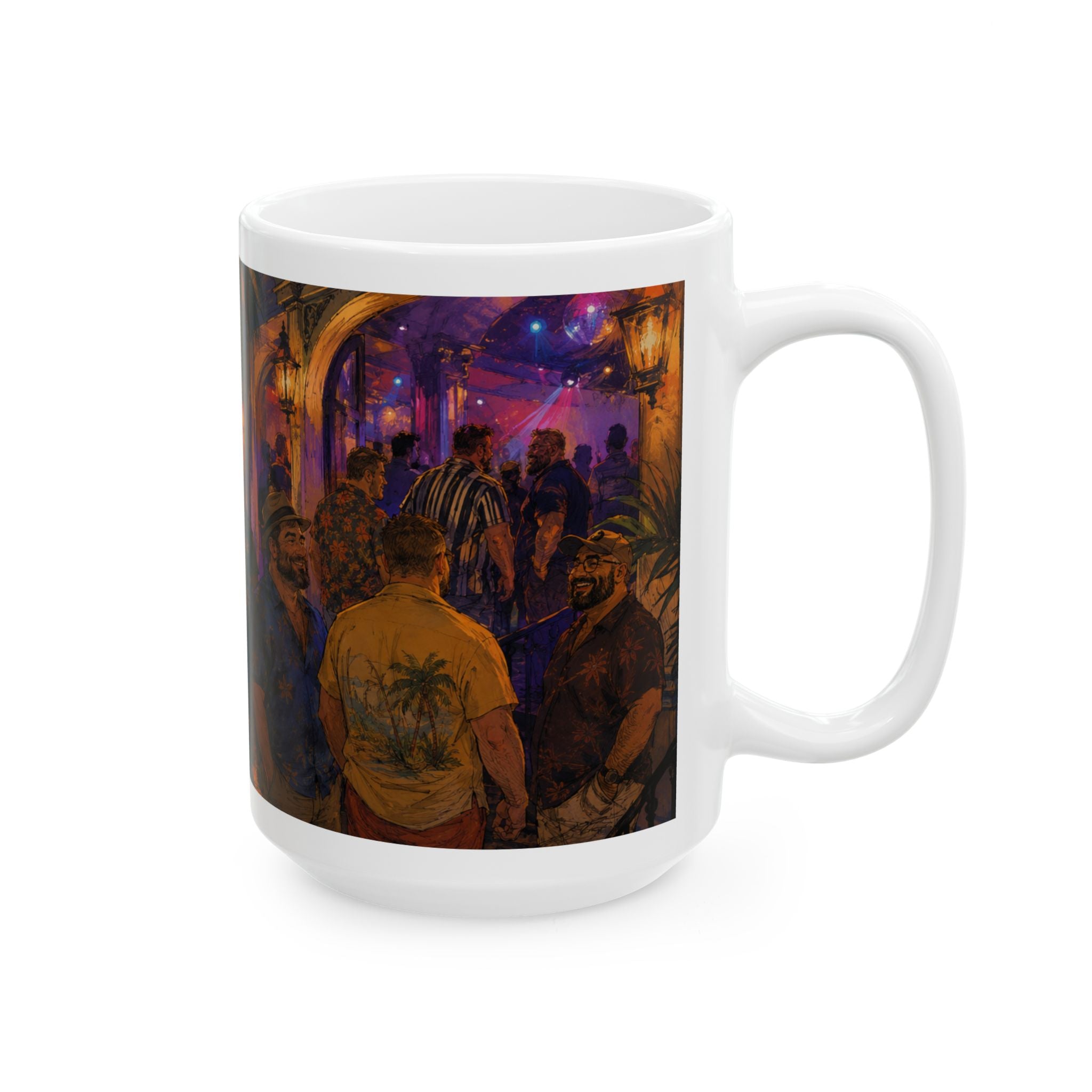 Street Nightlife Ceramic Mug — Cozy Tropical Bear Bar Scene Coffee Cup (11oz/15oz)Bear Coffee Mug