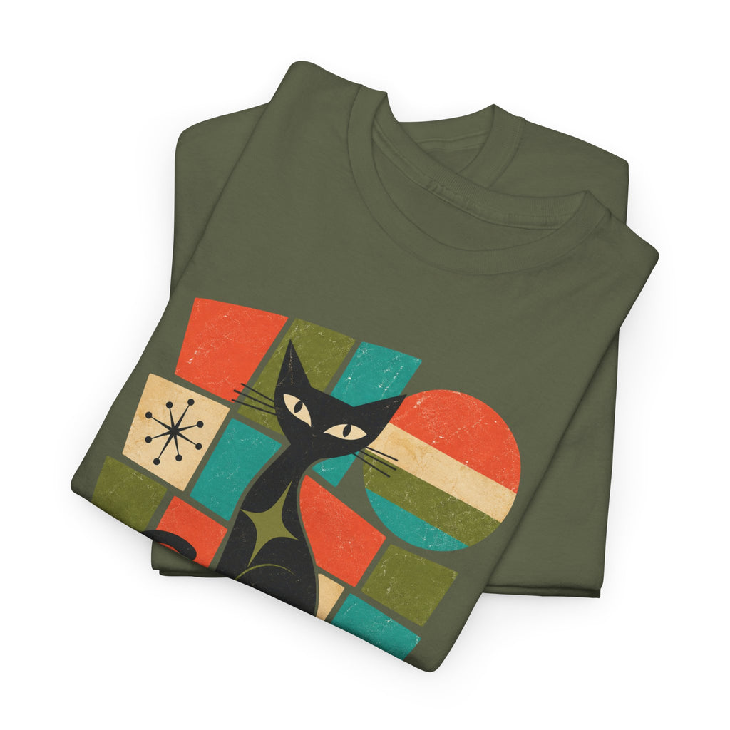 Stay Pawsitive Cat T-Shirt — Retro Graphic Tee for Cat Lovers. Tangentsies Mod Cat t-shirt