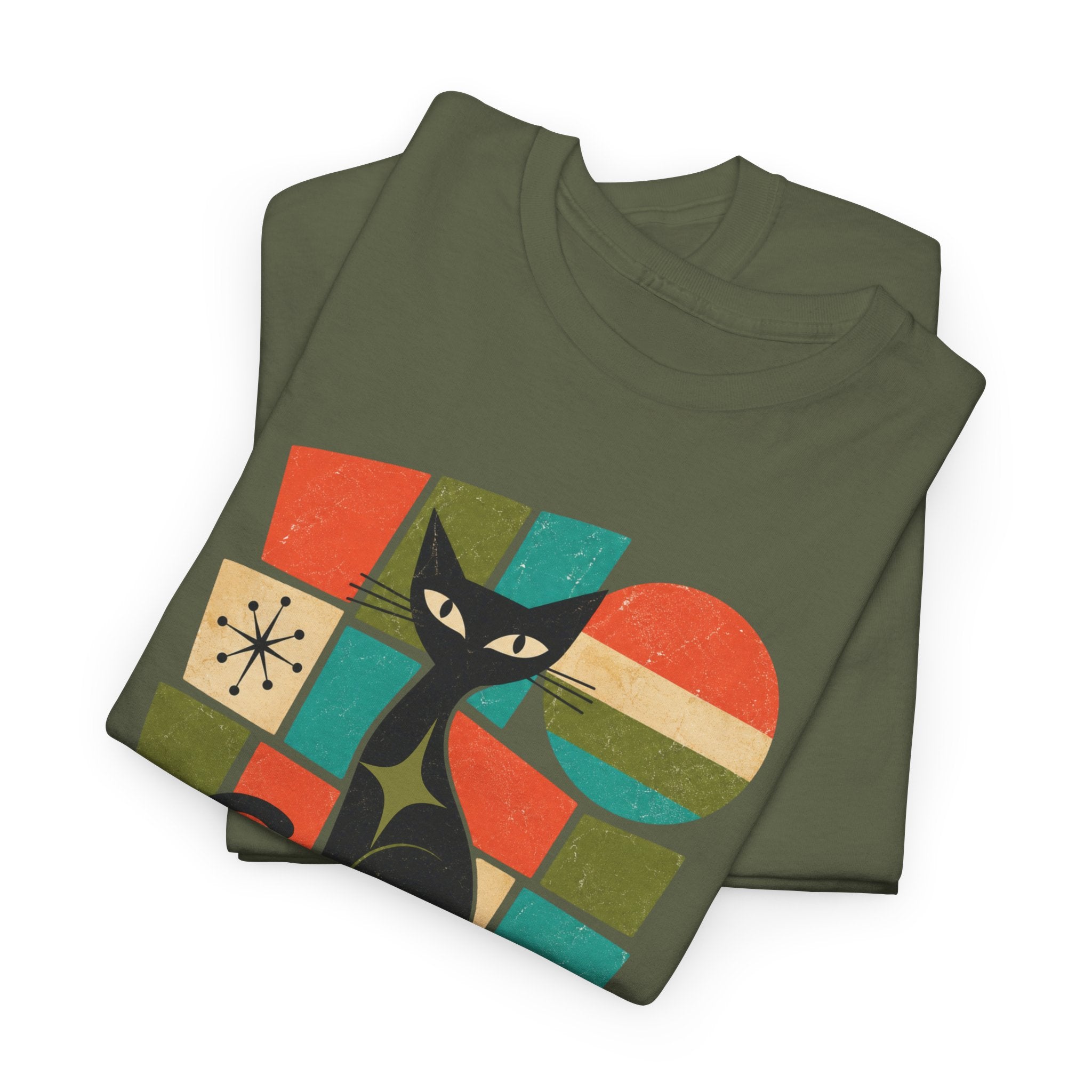 Stay Pawsitive Cat T-Shirt — Retro Graphic Tee for Cat Lovers. Tangentsies Mod Cat t-shirt
