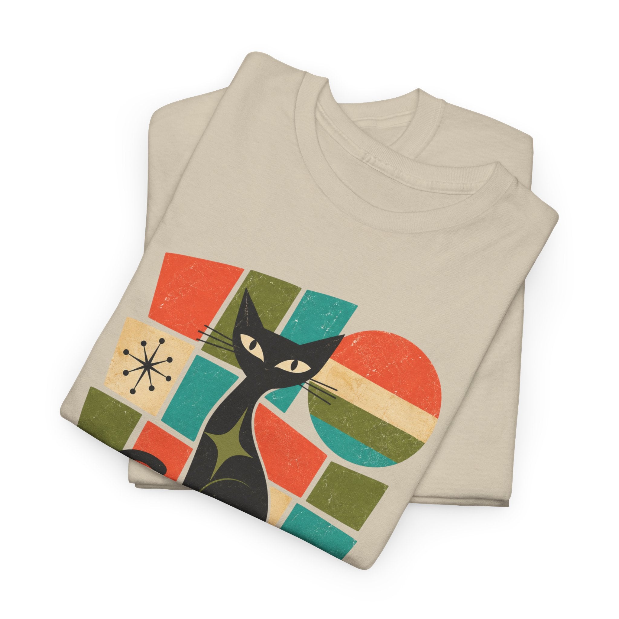 Stay Pawsitive Cat T-Shirt — Retro Graphic Tee for Cat Lovers. Tangentsies Mod Cat t-shirt