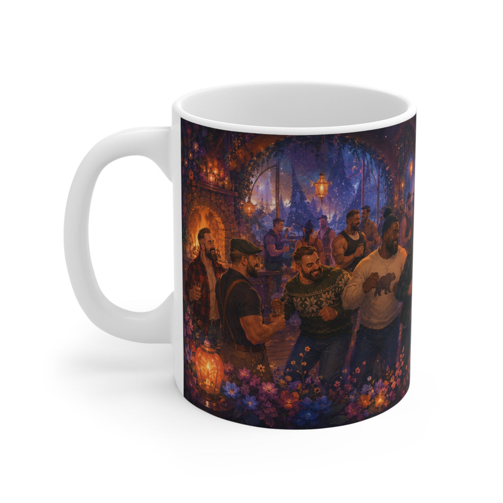 Holiday Pub Night Mug — Cozy Festive Men’s Bear Dance Gathering Coffee Cup. Bear Mug