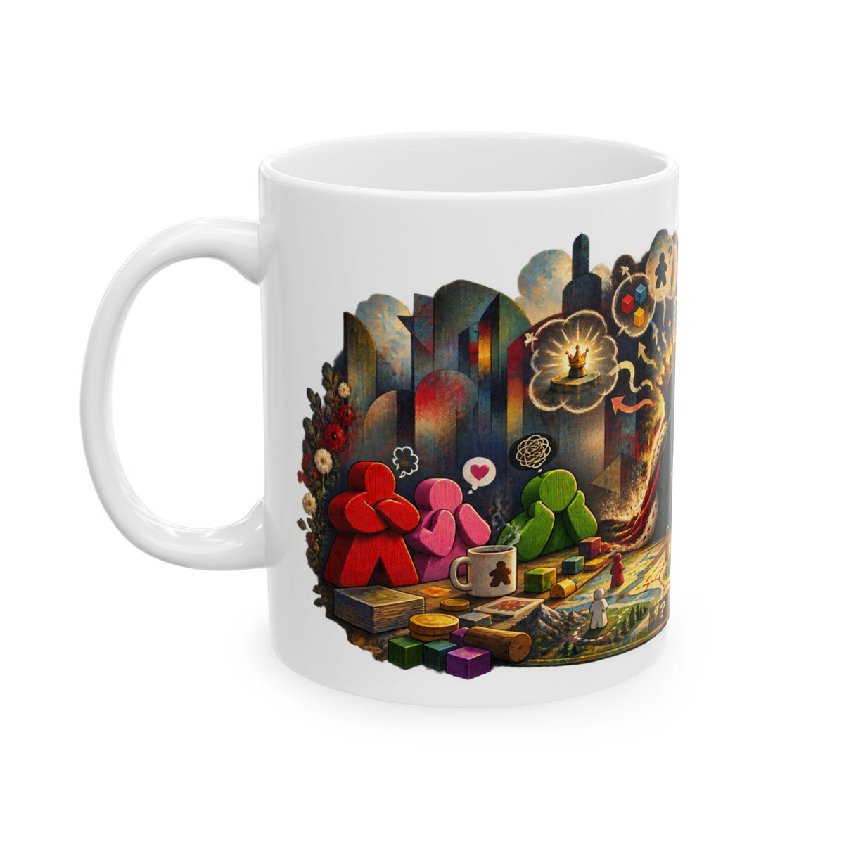 Board Game Art Ceramic Mug - Colorful Meeples, Dice & Strategy Scene (11oz/15oz)