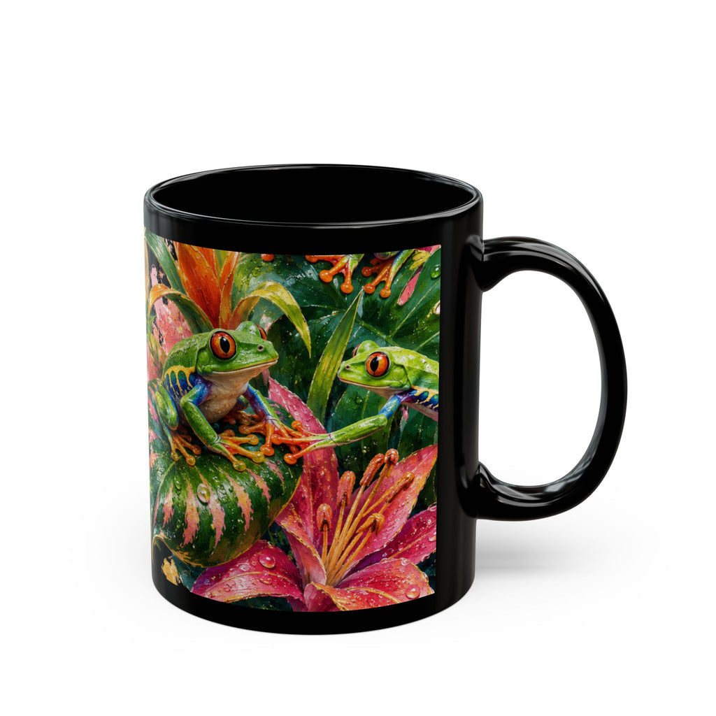 Colorful Tree Frog Coffee Mug — Tropical Floral Black Ceramic (11oz/15oz)