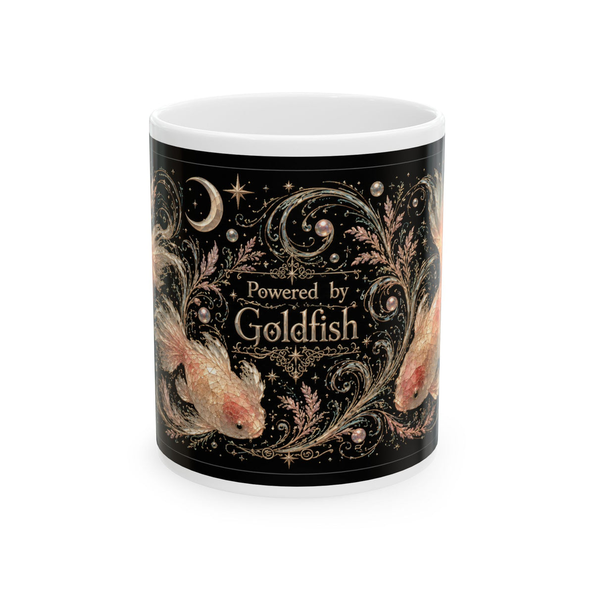 Goldfish Ceramic Mug — "Powered by Goldfish" Mystical Aquatic Coffee Cup (11oz/15oz)