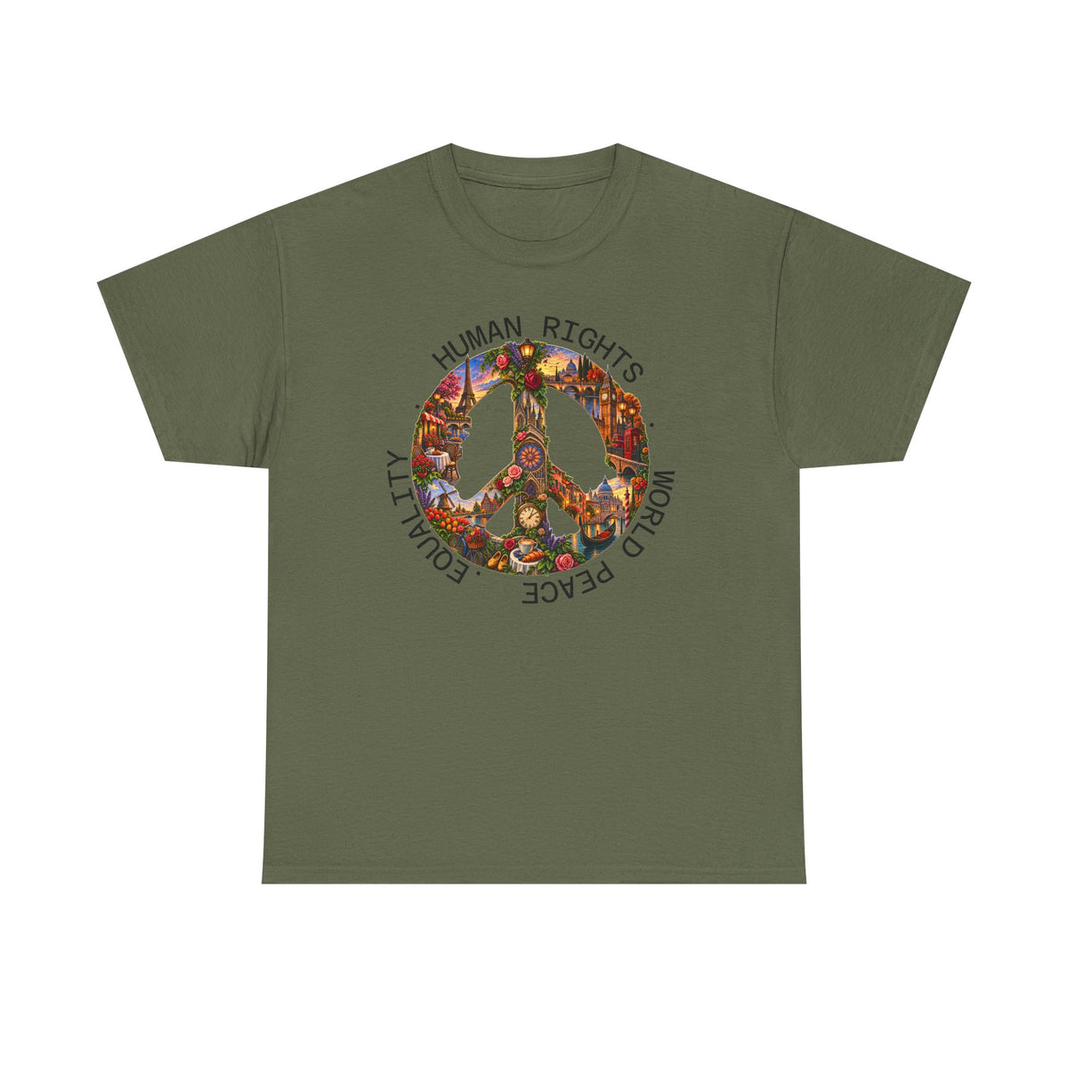 Peace Flower Graphic Tee — "World Peace • Human Rights • Equality" Cotton T‑Shirt
