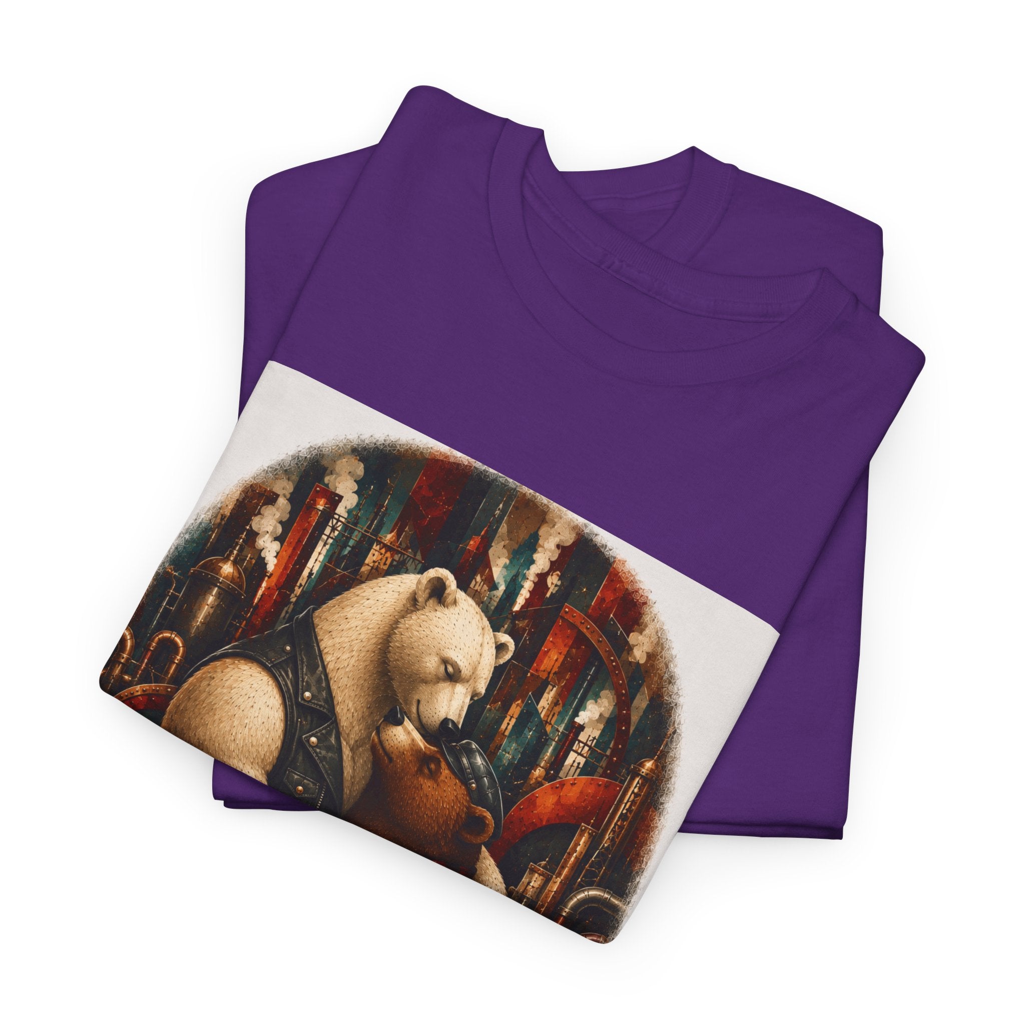 Bear Musician T‑Shirt — Vintage Stylized Bear Playing Violin Art Tee. An image of two Bears in a loving embrace. Colorful steampunk background. Mod.