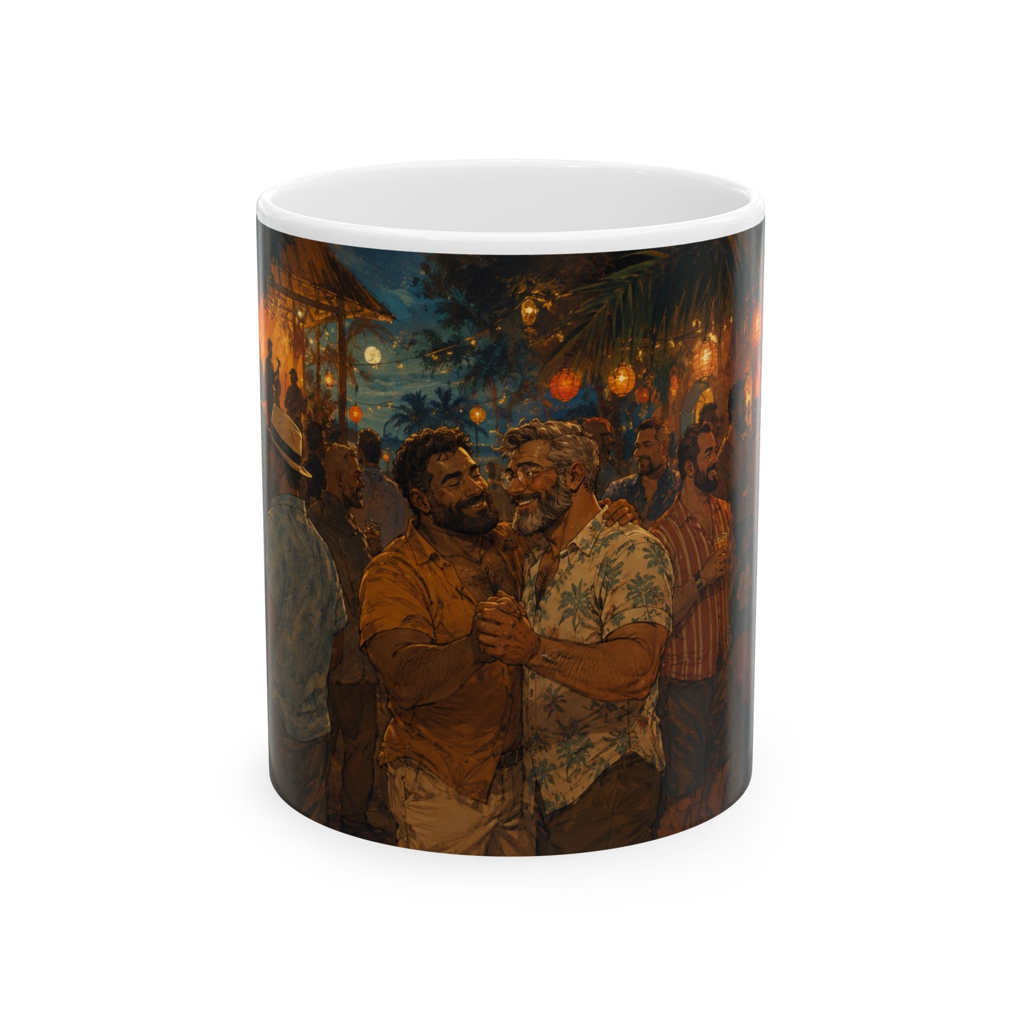 Ceramic Mug — Tropical Night Market Bear Couples Art. Bear Dance night for Bear mug lovers.