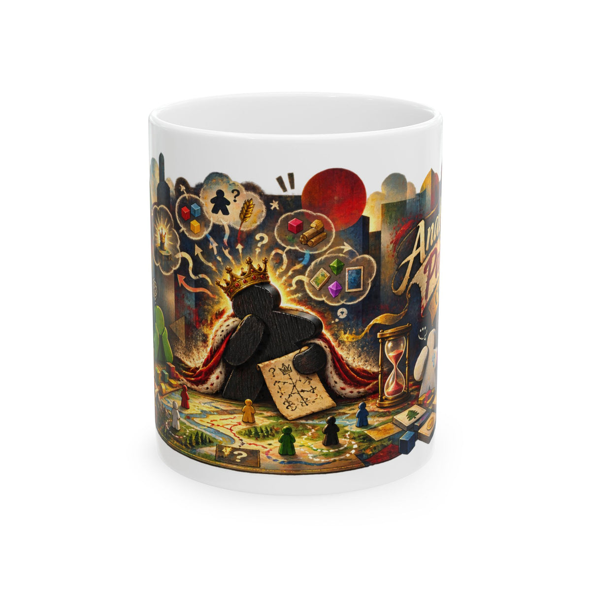 Board Game Art Ceramic Mug - Colorful Meeples, Dice & Strategy Scene (11oz/15oz)