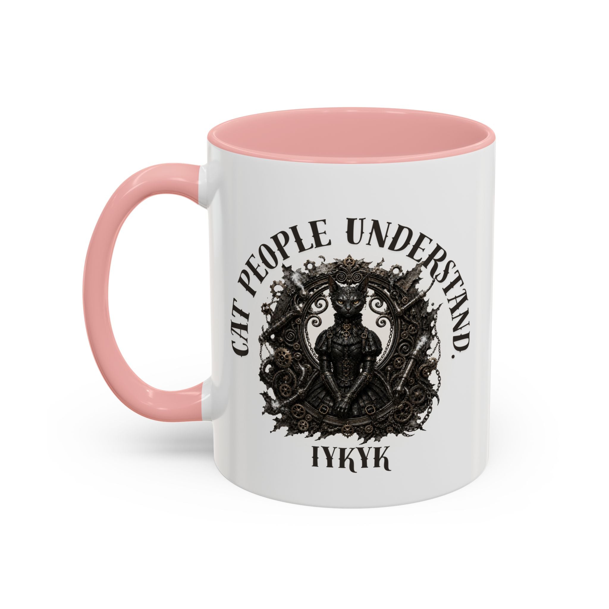 Cat People Understand Accent Mug — 'IYKYK' Black-Trim Coffee Cup. Cat lovers. Cat people. Cat mug.