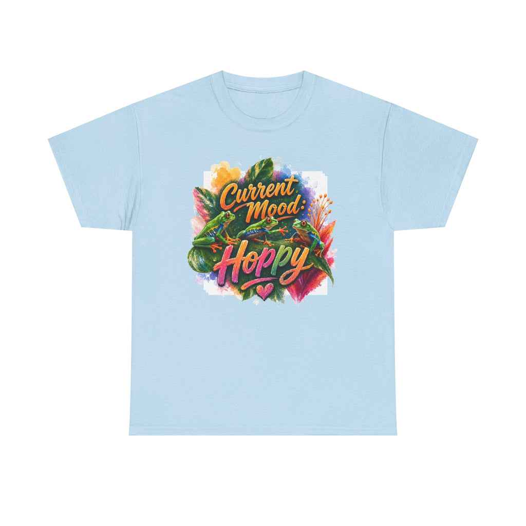 T‑Shirt — "Current Mood: Hoppy" Colorful Frog Graphic Tee. Tree Frogs eco-friendly awareness.