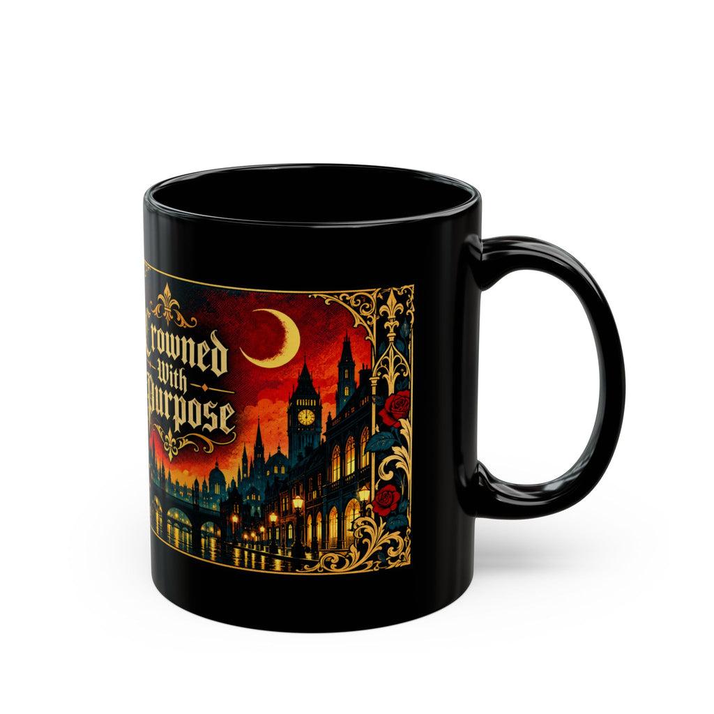 Crowned With Purpose Black Ceramic Mug — Rooted in Greatness Afrocentric Empowerment Mug Gothic Cityscape Coffee Cup (11oz/15oz)