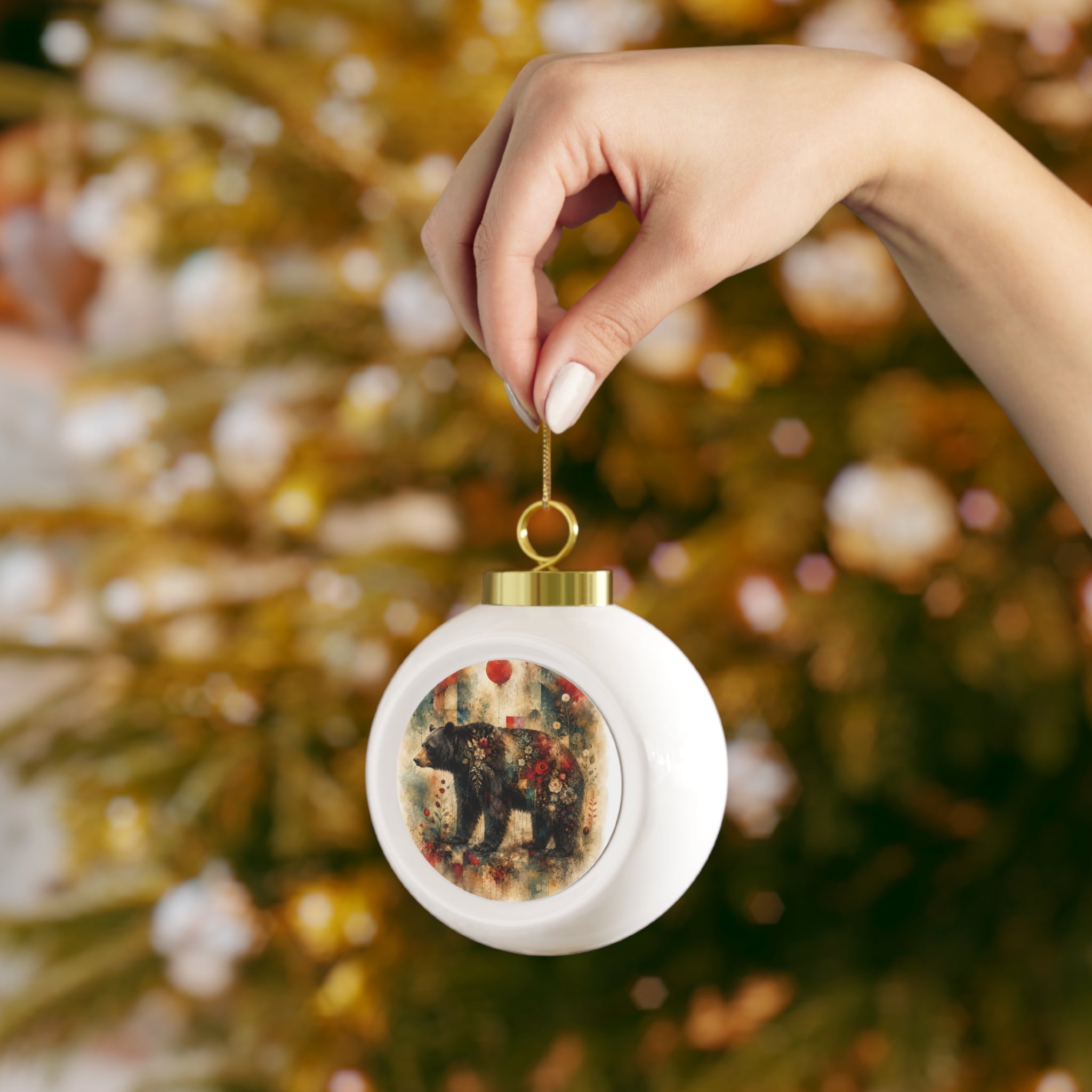 Floral Bear Christmas Ornament – Festive Poinsettia Holiday Ball