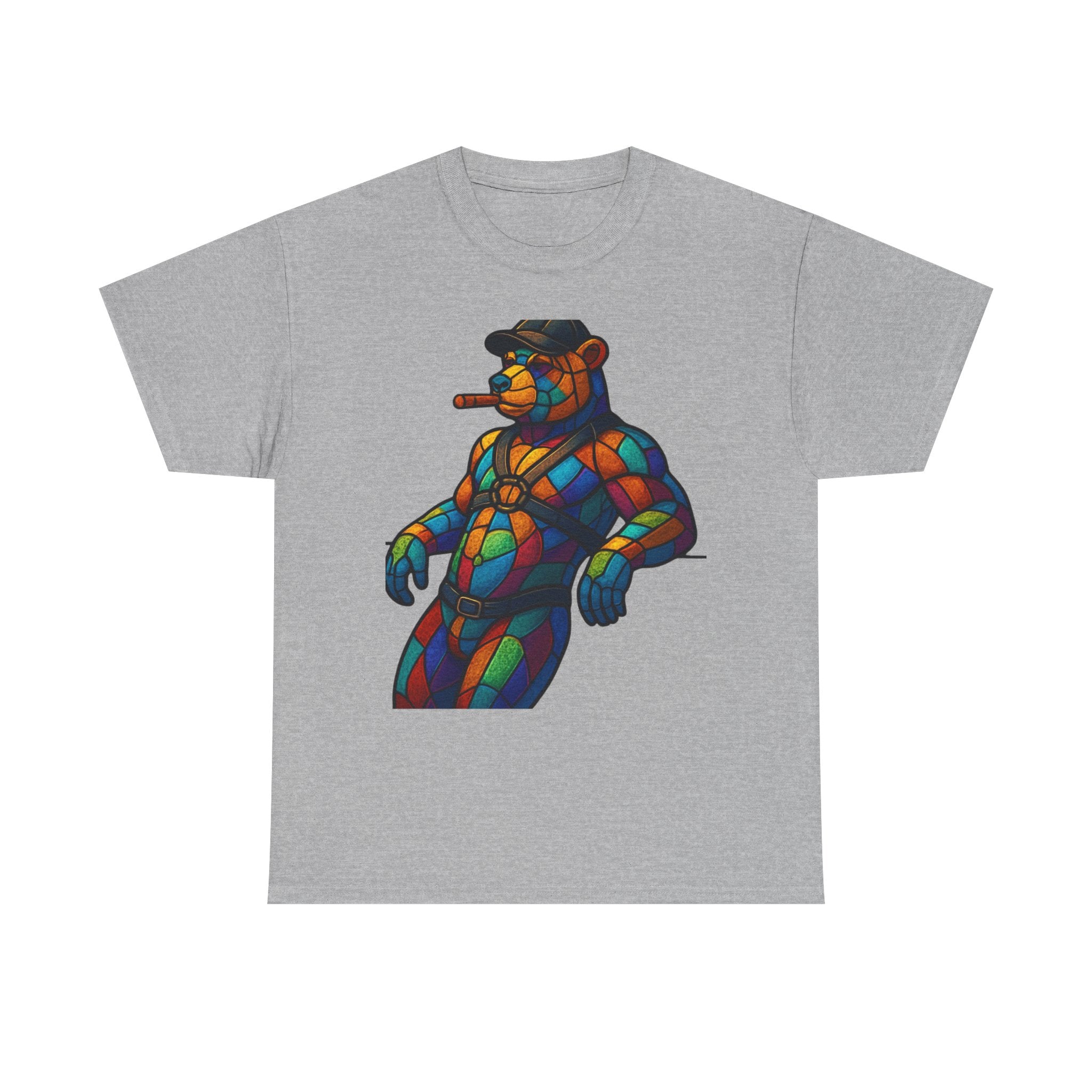 Stained Glass Bear Tee — Colorful Smoking Bear Graphic T-Shirt Bear cigar bear. Colorfull rainbow bear. Leather bear