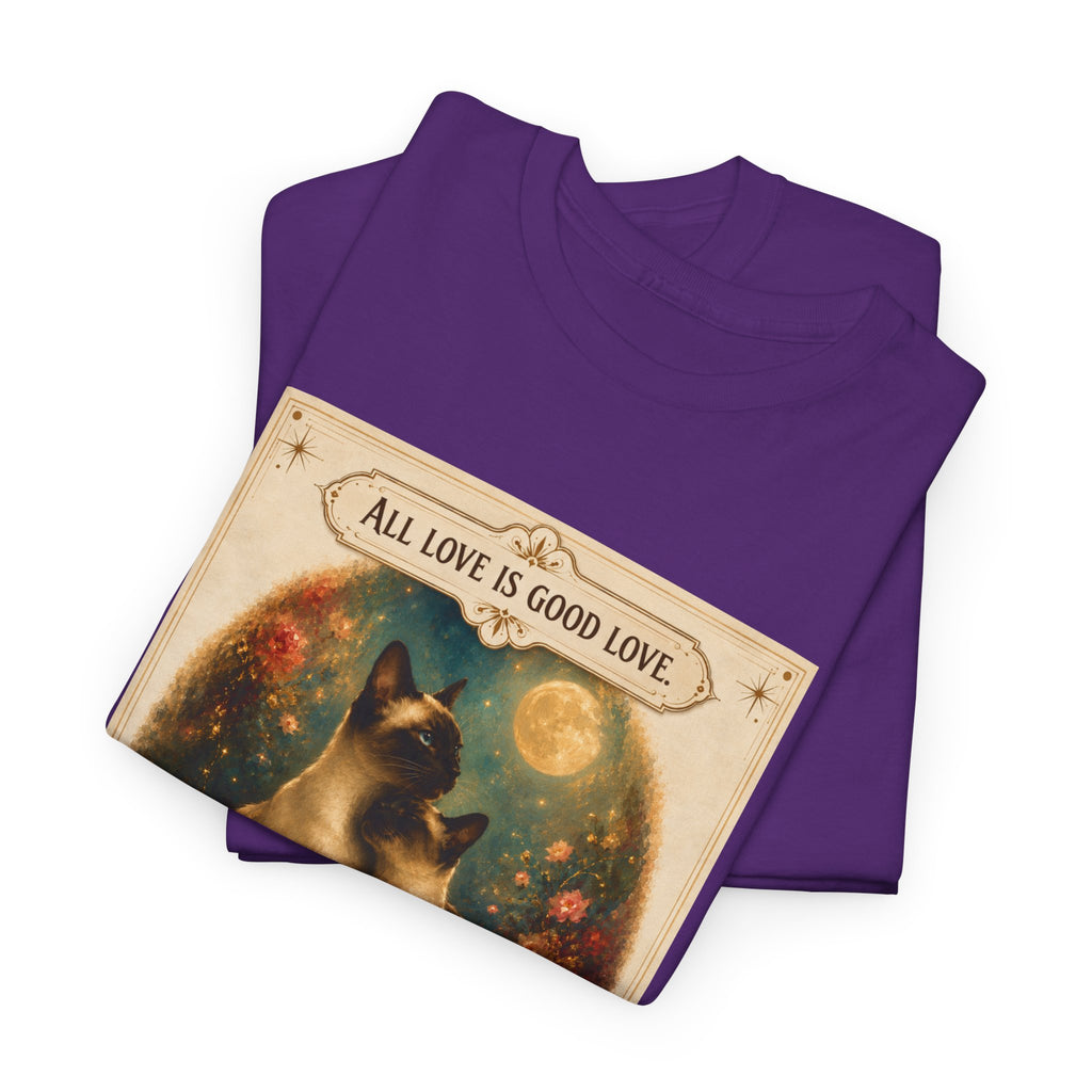 Cat Love Vintage Poster T-Shirt — "All Love Is Good Love" Graphic Tee. Siamese cats in love.