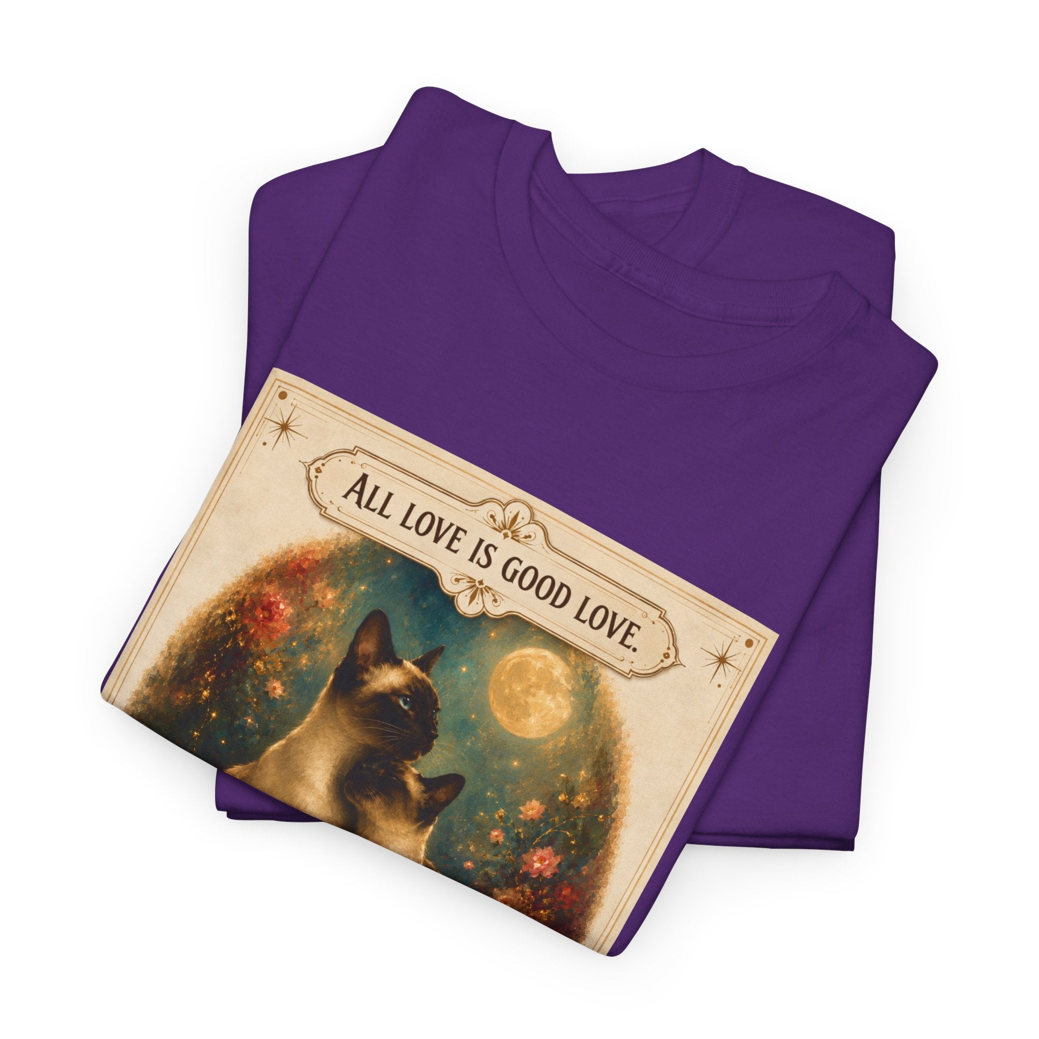 Cat Love Vintage Poster T-Shirt — "All Love Is Good Love" Graphic Tee. Siamese cats in love.
