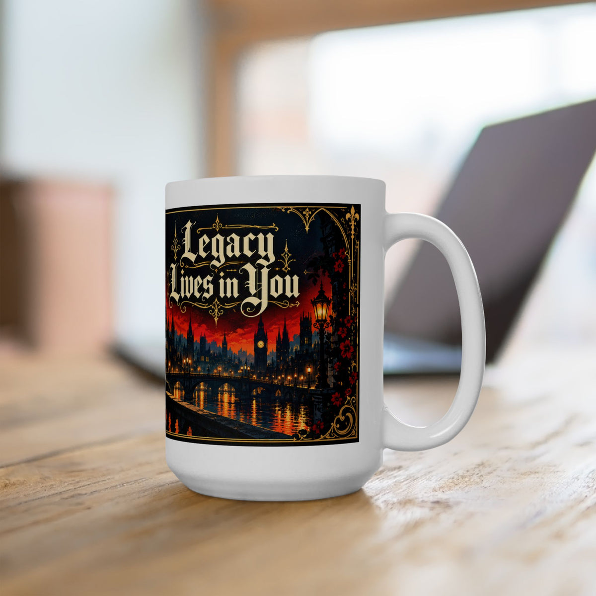 Gothic Cityscape Ceramic Mug – Legacy Lives in You Black Man Gothic Art Mug.  “Legend Lives On” 11oz/15oz