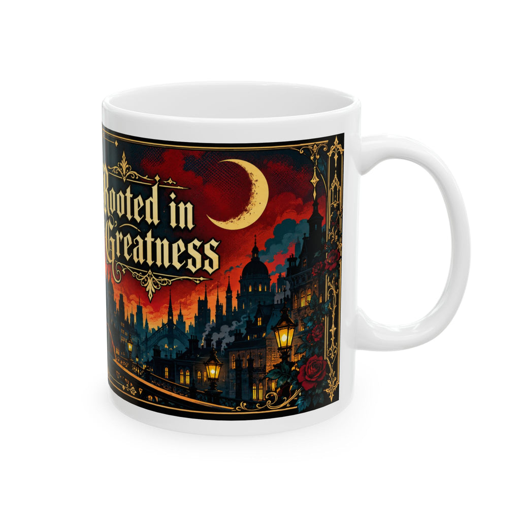 Rooted in Greatness Ceramic Mug — Rooted in Greatness Afrocentric Empowerment Mug. Inspirational Gothic Portrait Coffee Cup (11oz, 15oz)