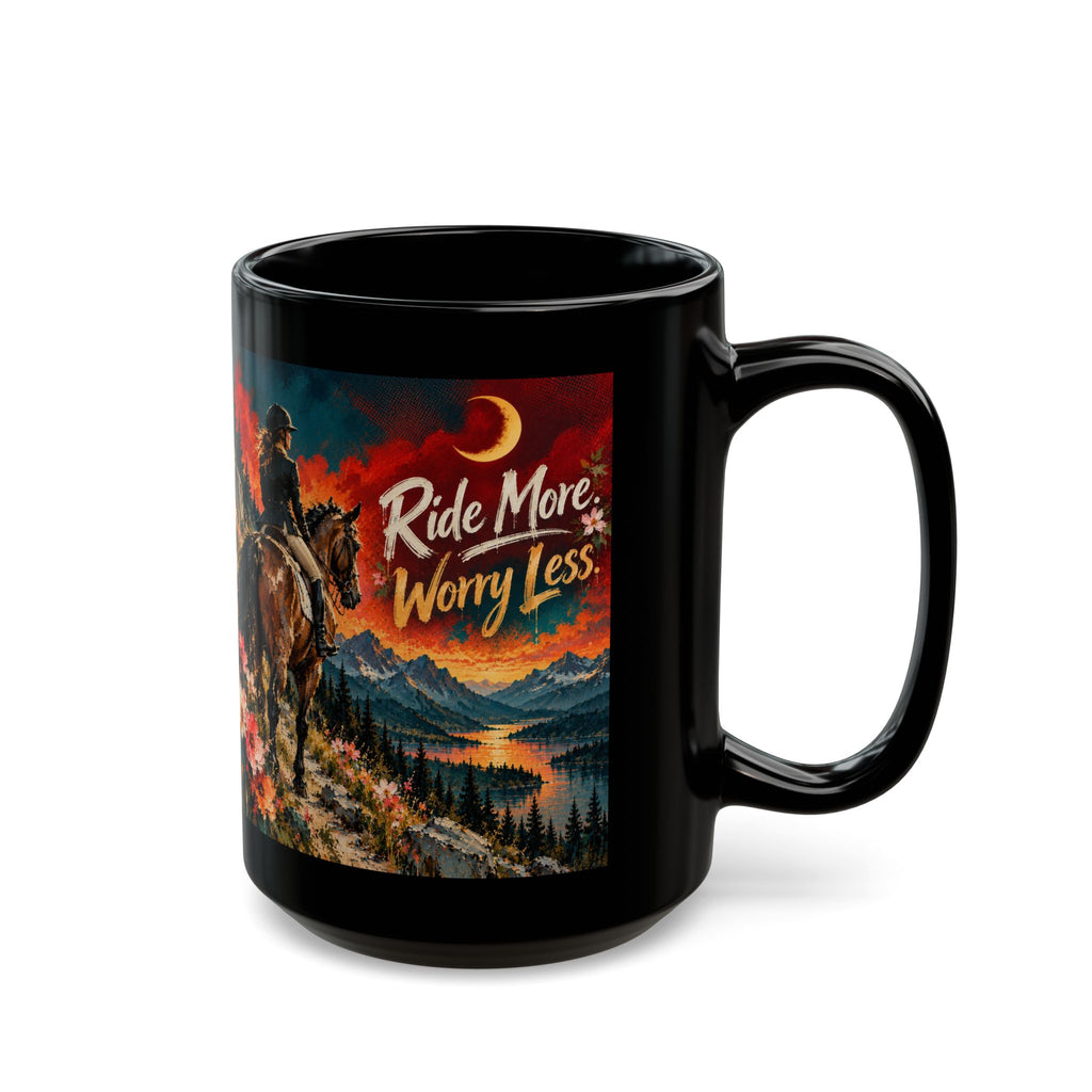 Ride More Worry Less Mug — Cowboy Horse Scenic Black Coffee Cup (11oz/15oz)Horse Lover Coffee Mug – Equestrian Art Mug with Jewel Tone Horse Painting