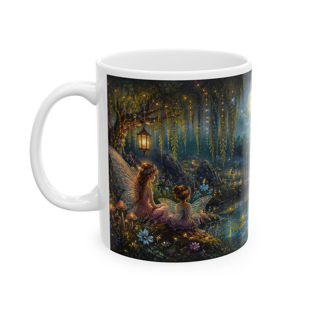 Fantasy Nightscape Ceramic Mug — Moonlit Lake, Hummingbird & Enchanted Garden (11oz/15oz)