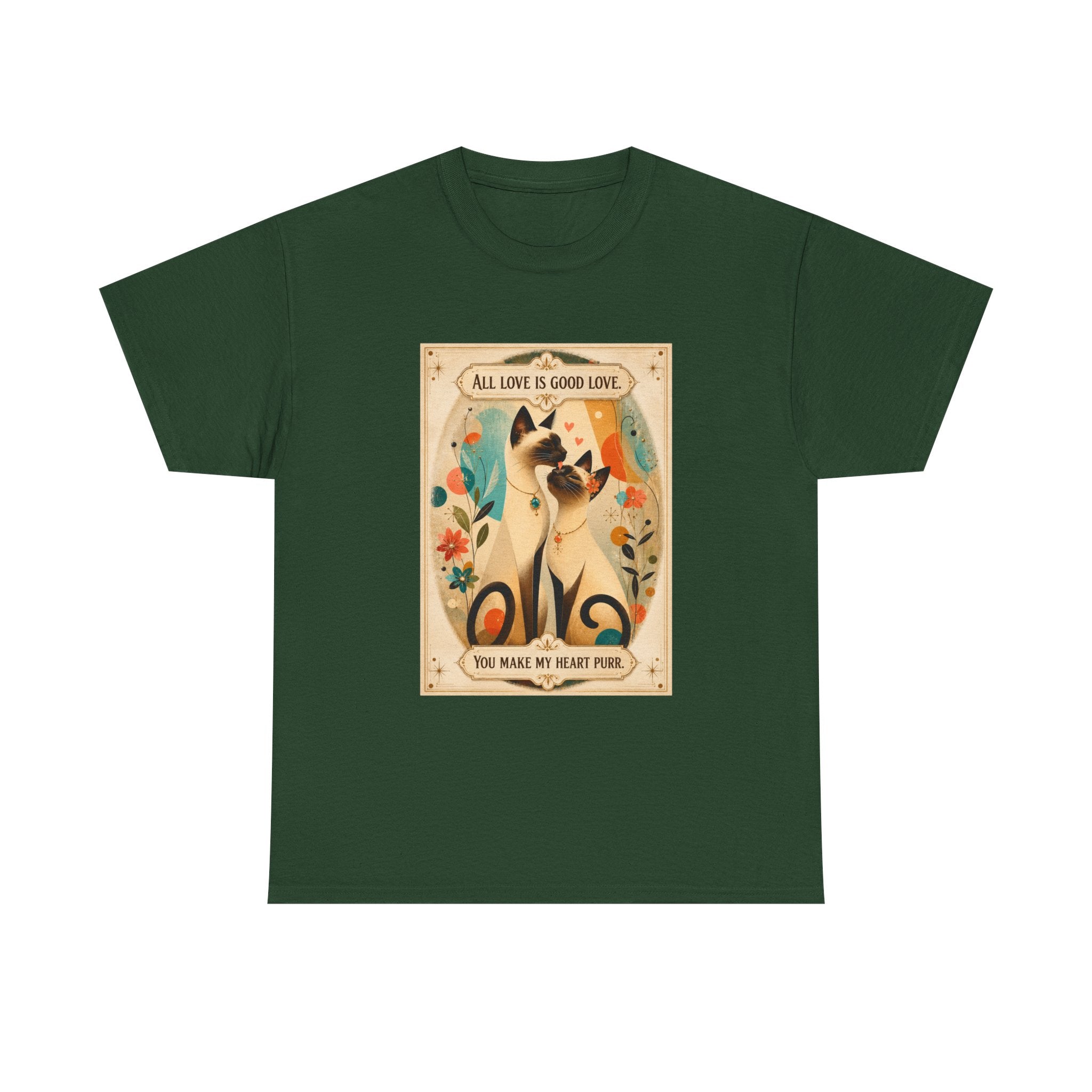 Siamese Cat, Retro Poster T-Shirt – "All Love is Good Love / You Make My Heart Purr" Siamese Cat lovers.
