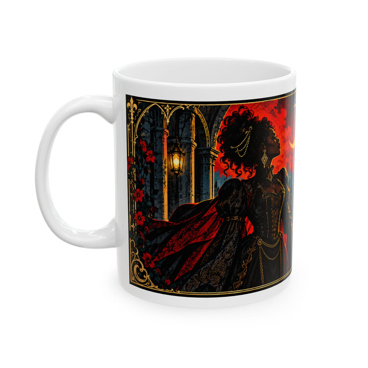 Gothic Cityscape Ceramic Mug — 'Unsinkable, Unapologetic, Unstoppable' Rooted in Greatness Afrocentric Empowerment Mug. Dark Fantasy Coffee Cup