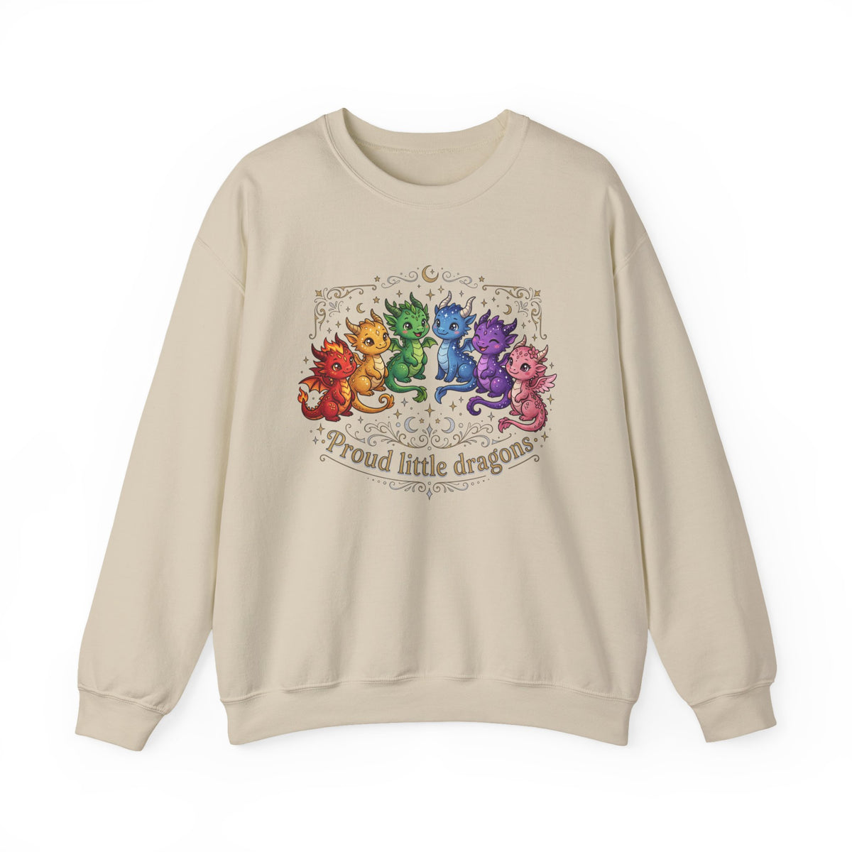 Crewneck Sweatshirt — "Proud Little Dragons" Rainbow Baby Dragon Graphic