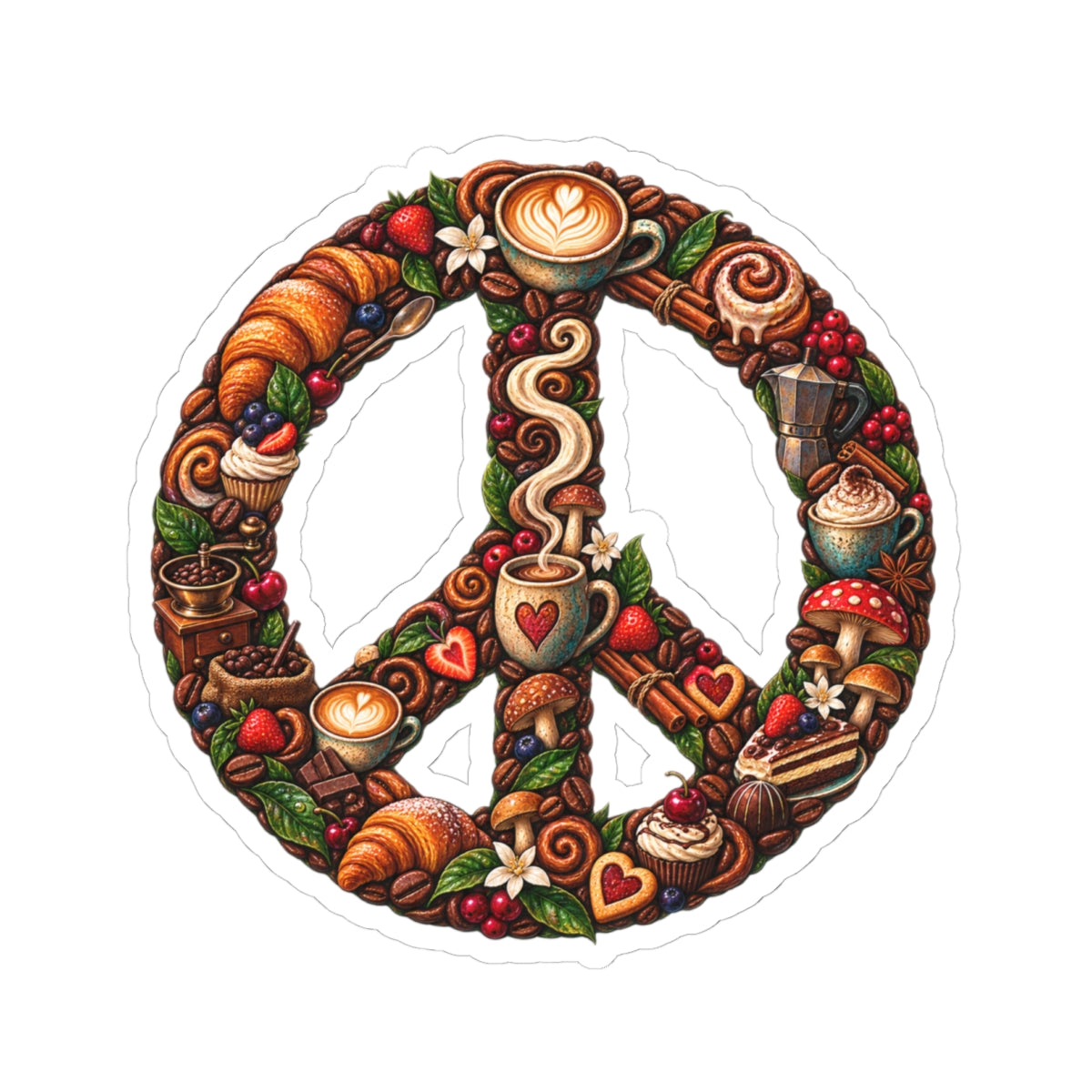Peace Sign Sticker — Cozy Coffee & Pastry Illustration Vinyl Kiss-Cut Sticker