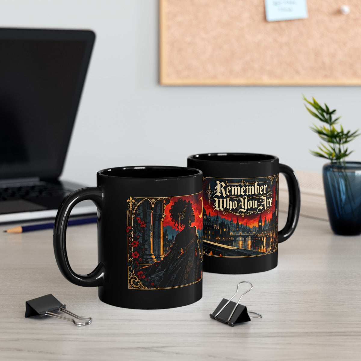 Remember Who You Are Gothic City Black Mug — Afrocentric Empowerment Mugs | Black Art & Gothic Fantasy Gifts. Inspirational Fantasy Coffee Cup (11oz, 15oz)