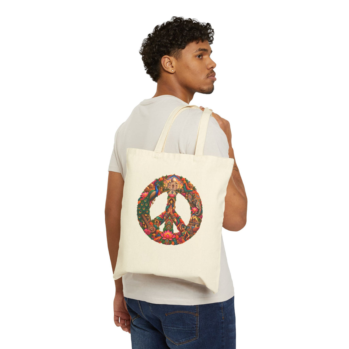 Peace Symbol Floral Canvas Tote — Boho Hippie Eco Market Bag