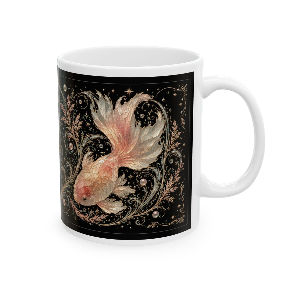 Goldfish Ceramic Mug — "Powered by Goldfish" Mystical Aquatic Coffee Cup (11oz/15oz)