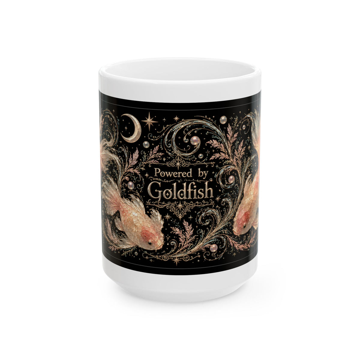 Goldfish Ceramic Mug — "Powered by Goldfish" Mystical Aquatic Coffee Cup (11oz/15oz)