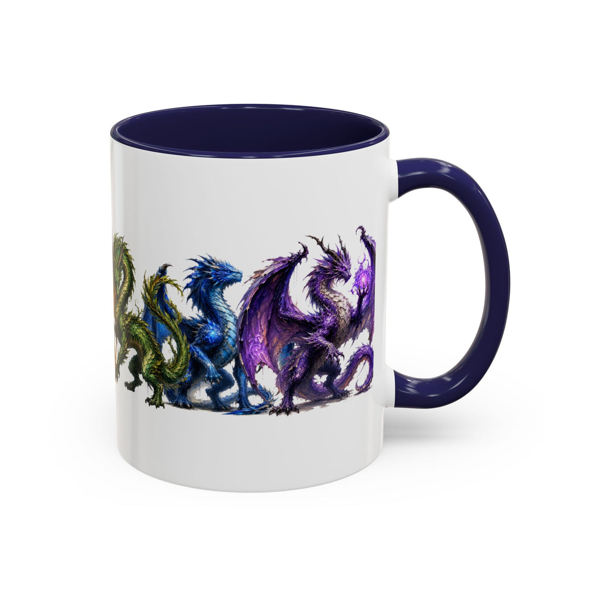 Rainbow Dragon Lineup Accent Coffee Mug — Colorful Fantasy Creature Tea & Coffee Cup