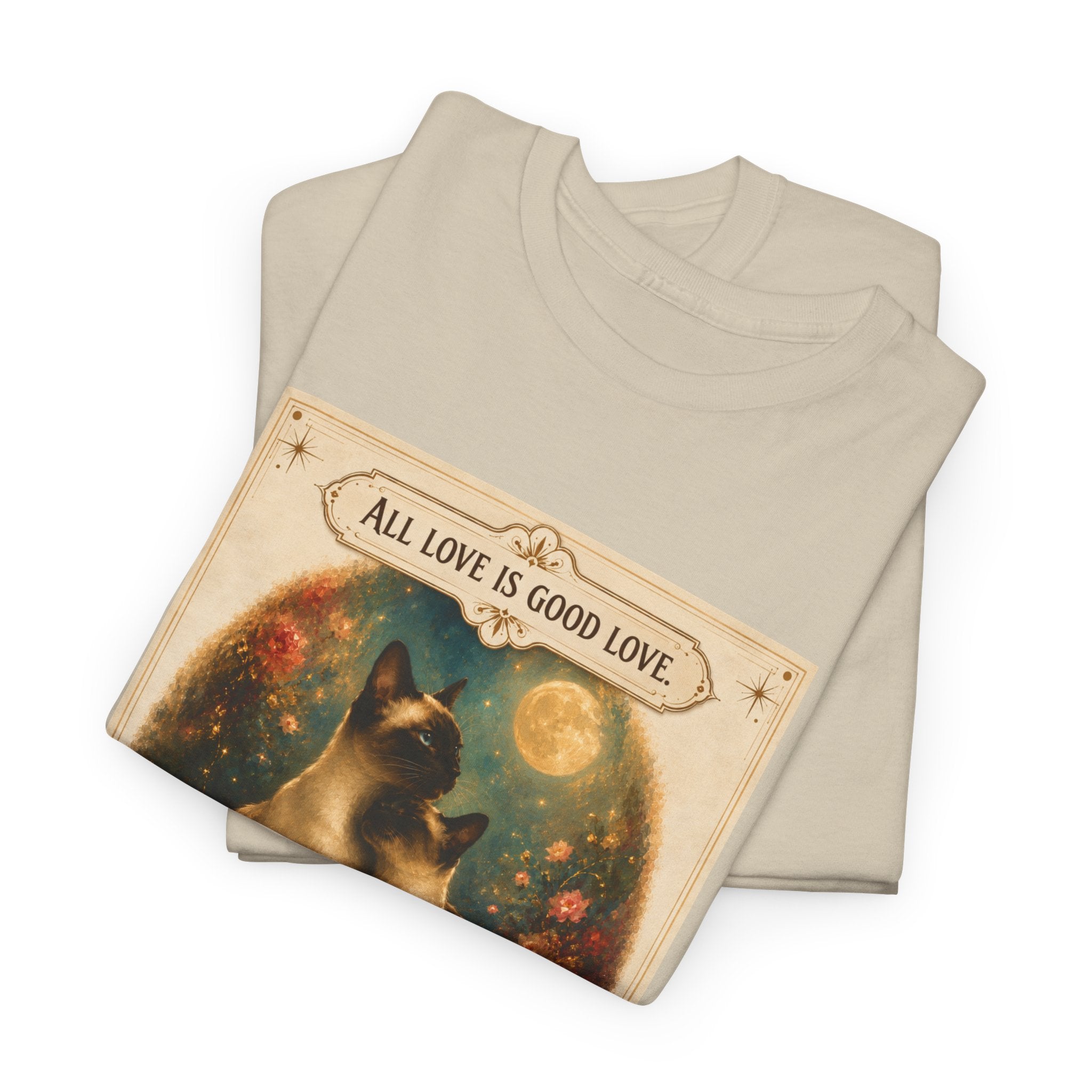 Cat Love Vintage Poster T-Shirt — "All Love Is Good Love" Graphic Tee. Siamese cats in love.